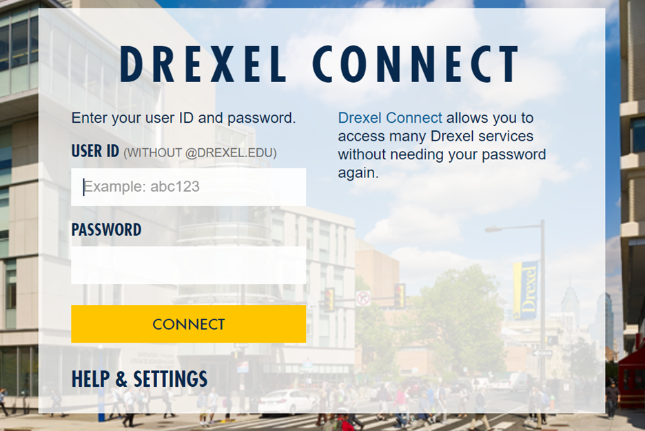 Image depicting the Drexel Connect Login page